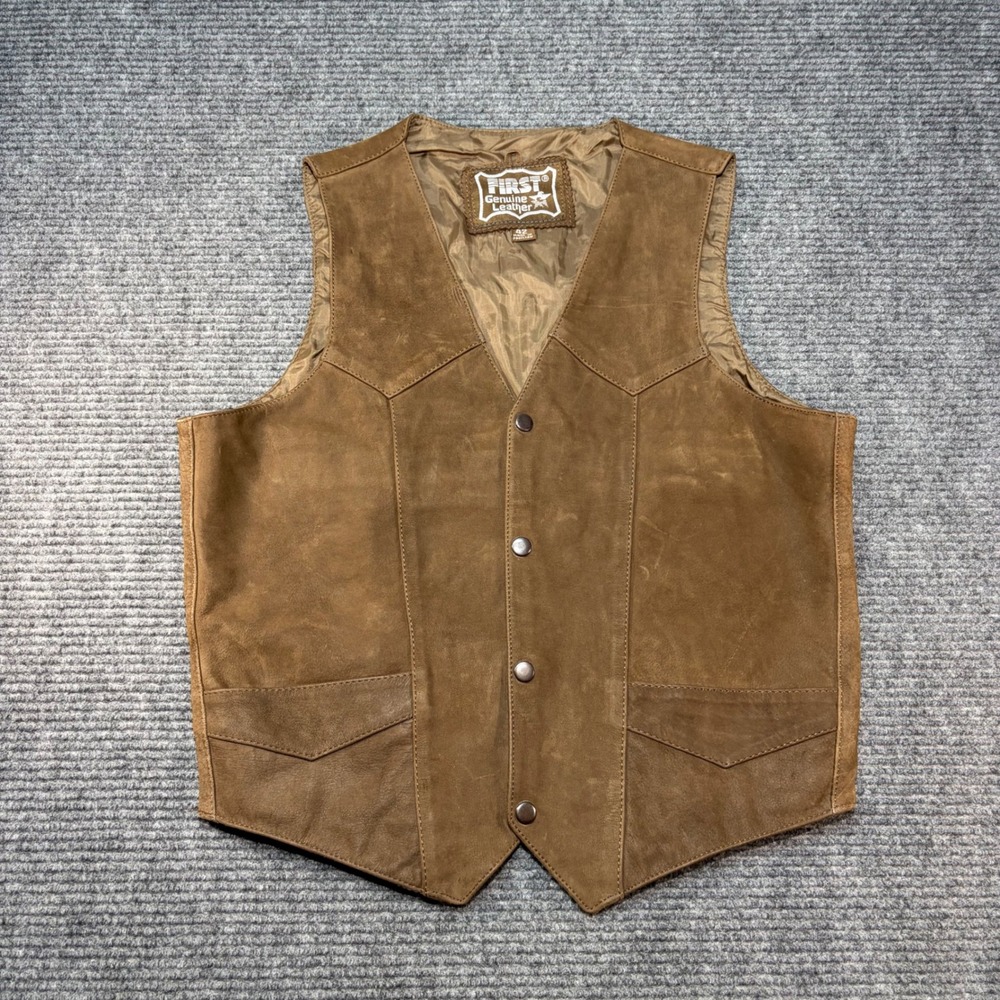 First Genuine Leather Mens Brown Western Biker Vest Size 42 Snaps Pockets